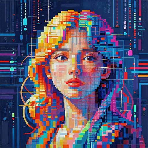 Pixel art portrait of a young woman with vibrant orange and blue hair, red lips, and blue eyes, surrounded by colorful digital patterns and geometric shapes against