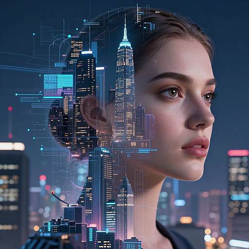 Digital artwork: A young woman with fair skin and brown hair, gazing forward, superimposed with a futuristic cityscape of illuminated skyscrapers