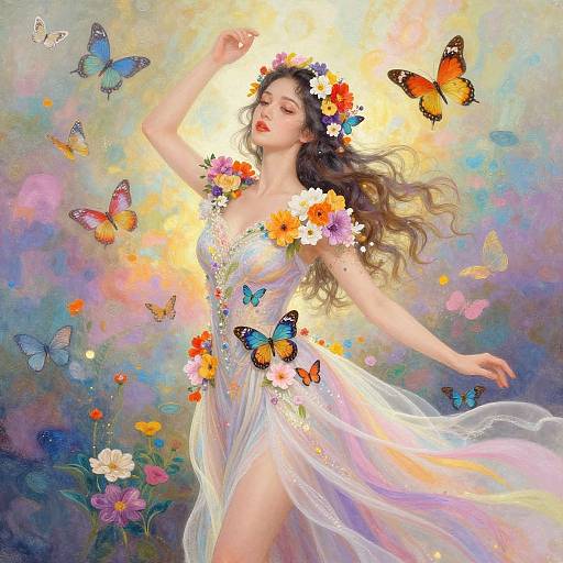 Digital art: Beautiful woman with long brown hair, wearing a white, floral-embellished dress, surrounded by colorful butterflies, and floating flowers in