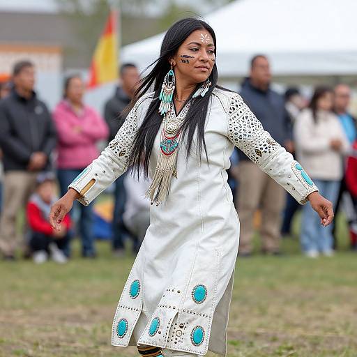 Photograph of a Native American woman in traditional white dress with blue and turquoise accents, long black hair, and tribal face paint, dancing outdoors in front