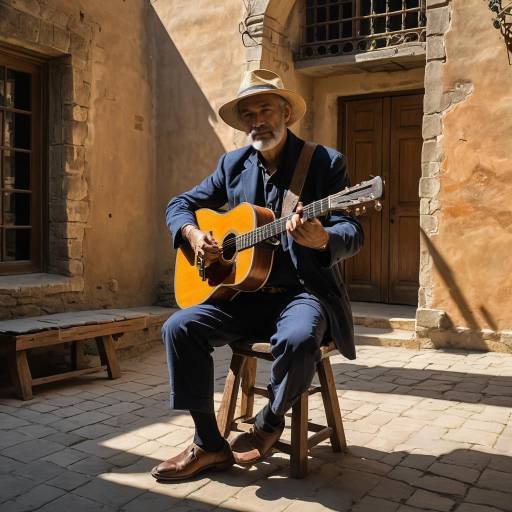 Musician's Serenity in Sunlit Courtyard
