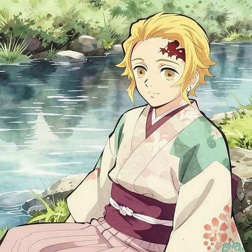 Anime-style digital drawing of a blonde-haired girl with a red star tattoo, wearing a white and green kimono, sitting by a serene river. Bright