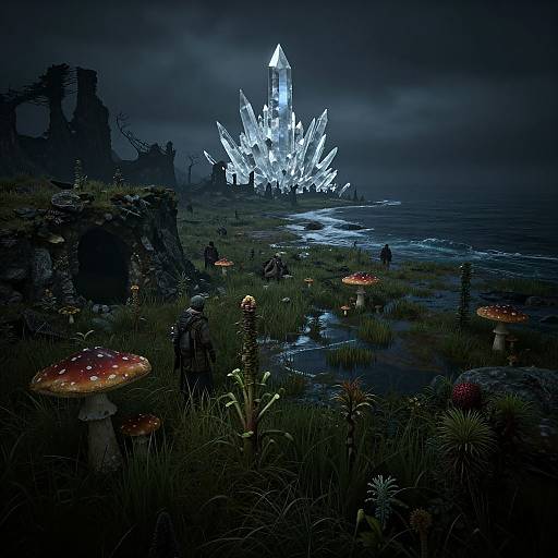 Digital fantasy artwork: Glowing crystal spire illuminates a dark, misty landscape with glowing red-spotted mushrooms, grassy marsh, and distant