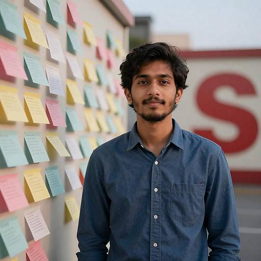 Young Man Standing by Wall Covered in Colorful Notes