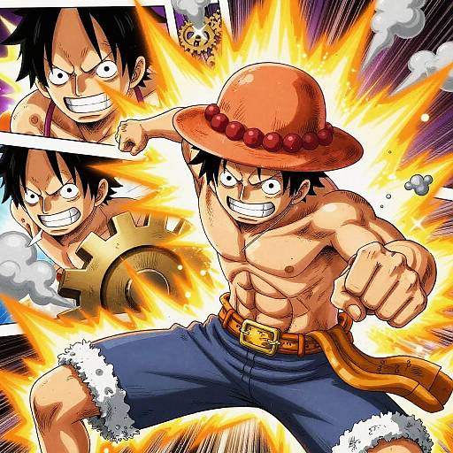 Digital anime-style illustration of shirtless Monkey D. Luffy, One Piece character, with orange hat and blue shorts, surrounded by bright yellow flames,