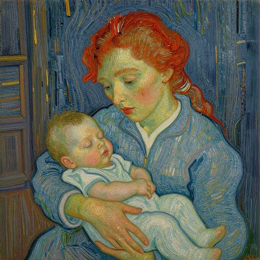 Vincent van Gogh-style painting of a red-haired woman with blue dress cradling a sleeping baby in white clothes against a dark blue, textured