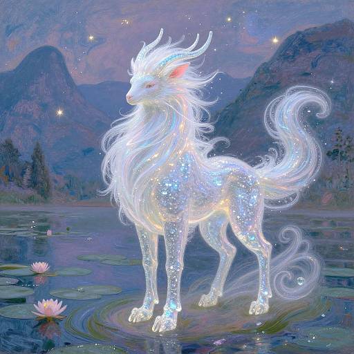 Digital painting of a glowing, ethereal white unicorn with flowing mane and tail, standing in a serene, starlit lake surrounded by mountains and lily