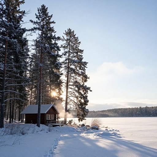 Photograph of a snowy forest with tall pine trees, a wooden cabin, and a bright sunset over a frozen lake.