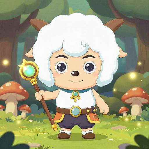 Cute chibi-style digital drawing of a white-haired, horned fantasy child holding a glowing staff in a whimsical forest with mushrooms.