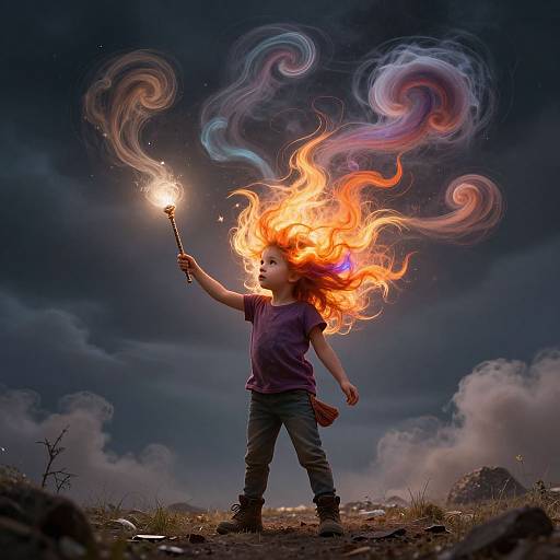 Photograph of a young girl with fiery, swirling orange and blue hair, holding a glowing wand, standing confidently in a dark, cloudy landscape.
