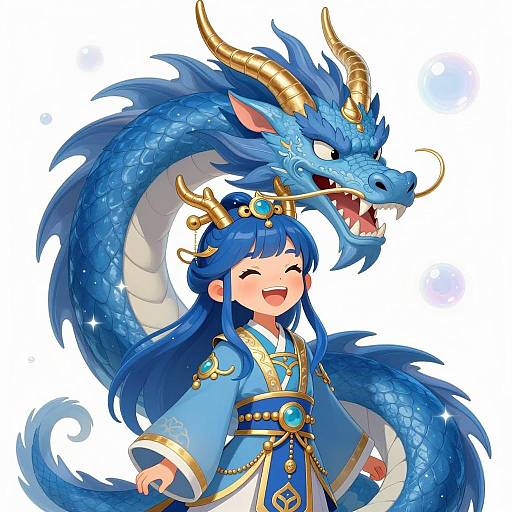 Joyful Girl with Fierce Blue Dragon