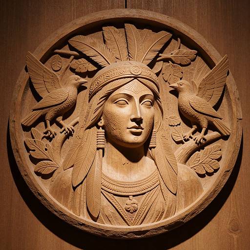 Circular wooden relief carving of a Native American woman with feathered headdress, wearing jewelry, flanked by birds, against a wooden background.