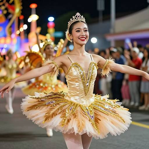 Photograph of a smiling Asian ballerina in a gold and peach tutu with sparkles, tiara, and feathered sleeves, dancing at