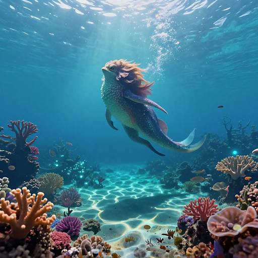 Photograph of a vibrant, blue-scaled mermaid fish with flowing fins swimming gracefully above a colorful coral reef under bright sunlight in a clear, blue