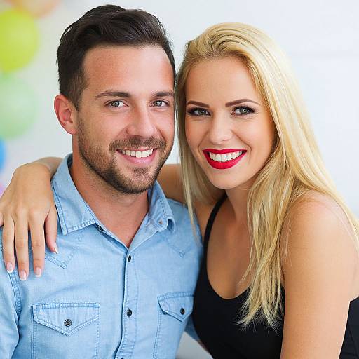Photograph of a smiling couple; man with short dark hair and light blue shirt, woman with long blonde hair and red lipstick, black tank top,