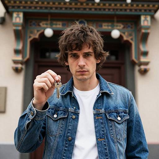 Intense Man in Denim by Colorful Building