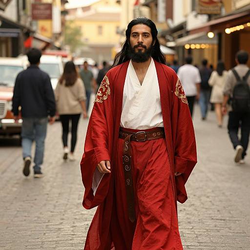 Photograph of a bearded man with long black hair, wearing a red traditional Korean hanbok with white shirt, walking down a bustling urban street