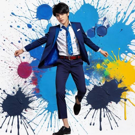 Young Man in Blue Suit with Paint Splashes