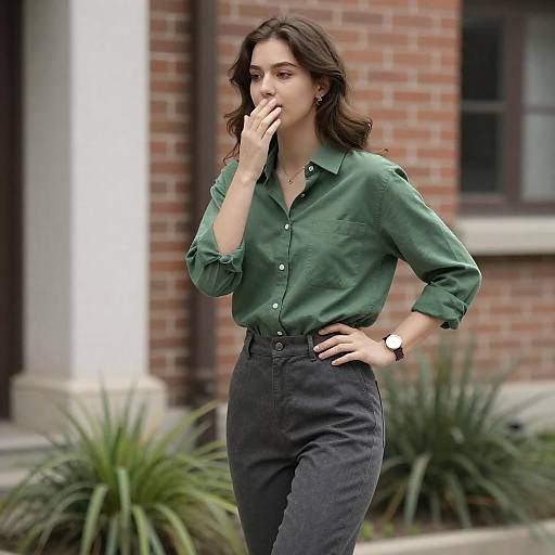 Stylish Young Woman Against Brick Building