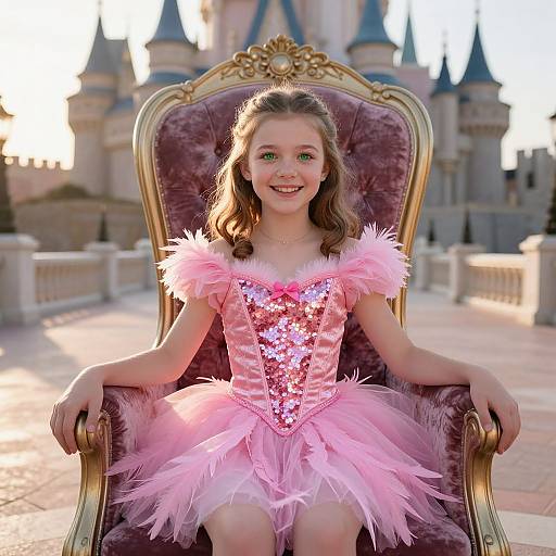Photograph of a smiling young girl with brown hair in a pink sequin and feather princess dress, sitting on a regal throne in front of a