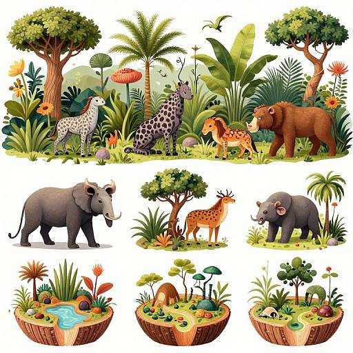 Colorful digital illustration of diverse African wildlife: giraffes, elephants, lions, rhinos, and trees, alongside floating islands with plants and fruits