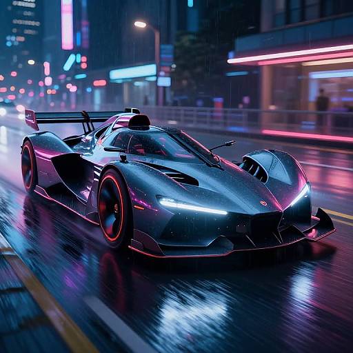 Neon-lit, futuristic, silver sports car with glowing blue headlights speeding on a rainy city street, reflections, blurred lights, and skyscrapers