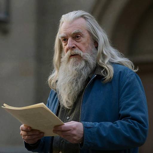 Photograph of an elderly man with a long white beard and long hair, wearing a blue jacket, reading a yellowed document. Blurred stone building