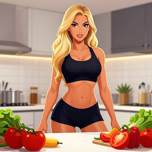 Digital illustration of a blonde woman with long wavy hair, wearing a black sports bra and shorts, standing in a modern kitchen chopping colorful vegetables.