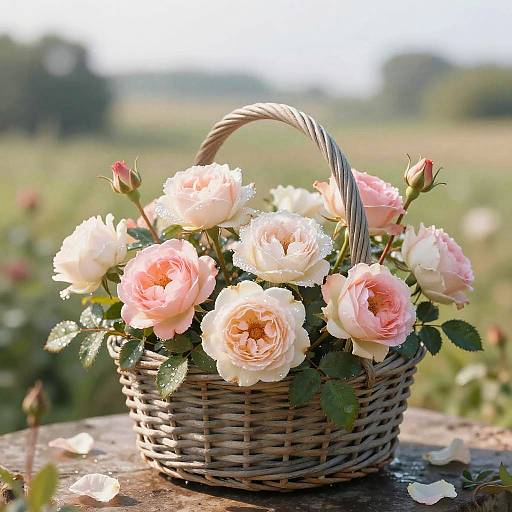Photograph of a wicker basket filled with blooming pink and white roses, set outdoors on a sunlit wooden table.