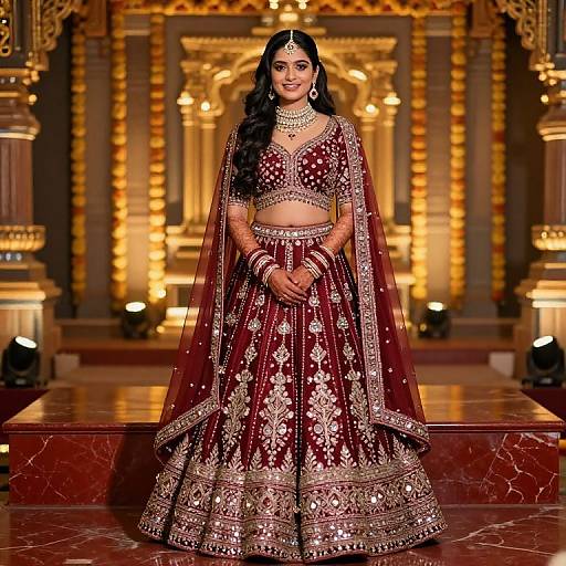 Photograph of a beautiful Indian woman in a rich maroon bridal lehenga with gold embroidery, standing in an ornate, golden-lit temple.