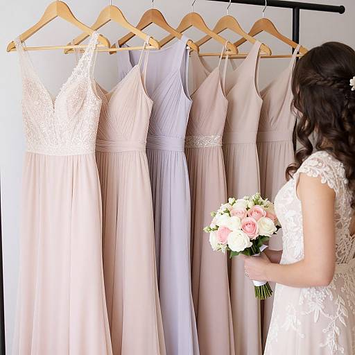 Photograph of a bride in a white lace dress holding a bouquet, standing beside five beige and white bridesmaids dresses on wooden hangers.