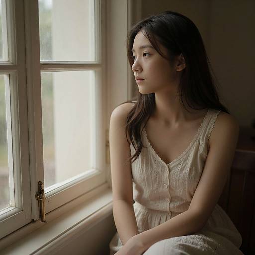 Woman in Reflective Window Gaze