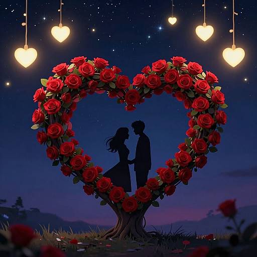 Digital art of a silhouetted couple standing under a heart-shaped rose wreath, illuminated by hanging heart lights, against a starry night sky