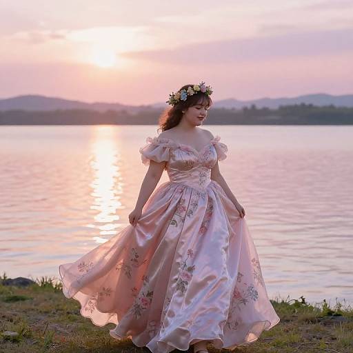 Plump Princess in Floral Satin Gown by Lake at Sunset