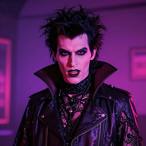 Gothic punk man with spiky black hair, dark makeup, black leather jacket, and lace shirt, illuminated by purple neon light. Photograph.