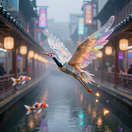 Origami Phoenix Crane Over Neon Canal