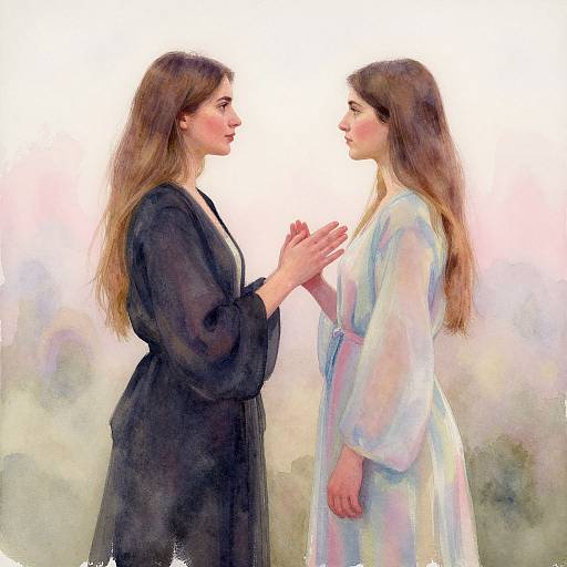 Watercolor painting of two women with long brown hair, facing each other; one in black robe, other in light robe, hands raised in gesture,