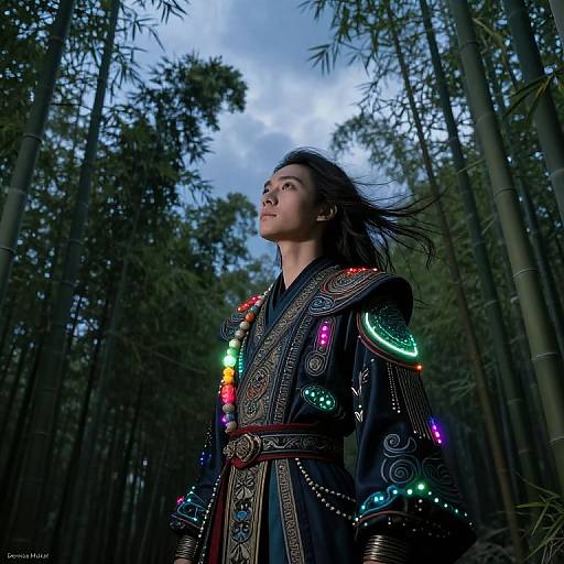 Photograph of an Asian woman with long black hair, wearing an ornate, colorful traditional robe, standing in a bamboo forest at dusk.