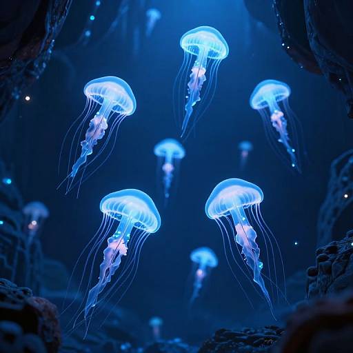 Bioluminescent Jellyfish in Cyberpunk Cavern