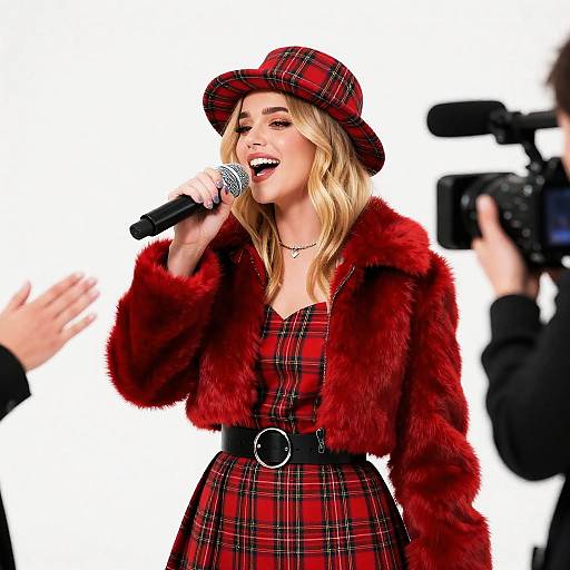 Passionate Singer in Red Plaid Outfit