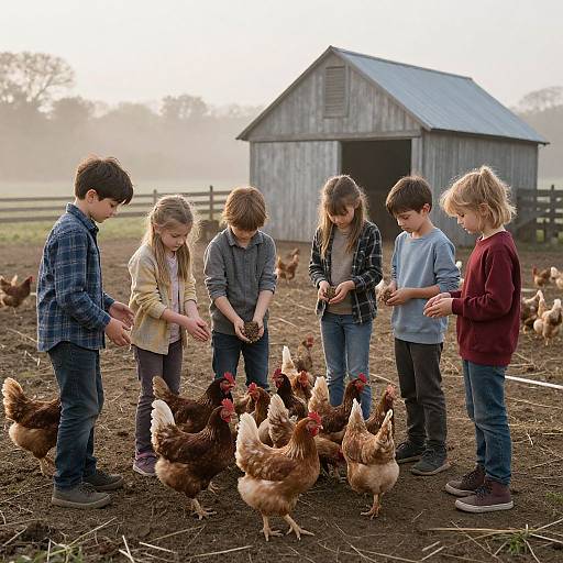 Children Exploring Rural Farm at Dawn