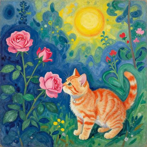Vibrant, whimsical painting of an orange tabby kitten sniffing pink roses under a glowing yellow sun in a lush, colorful garden.