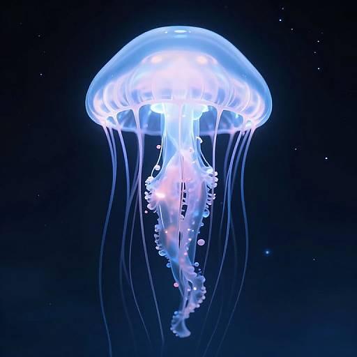 Photograph of a glowing, translucent blue jellyfish with long, flowing tentacles against a dark, star-speckled background.