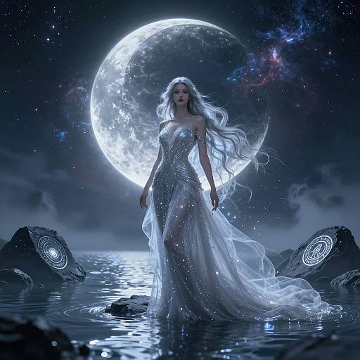 Digital art: Ethereal woman with long white hair in a glowing, silver gown stands in moonlit water, surrounded by cosmic rocks and a luminous