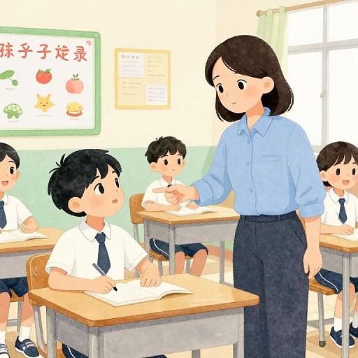 Digital anime-style drawing of a female teacher with brown hair, blue shirt, and black skirt, assisting multiple young students in a brightly lit classroom. Students