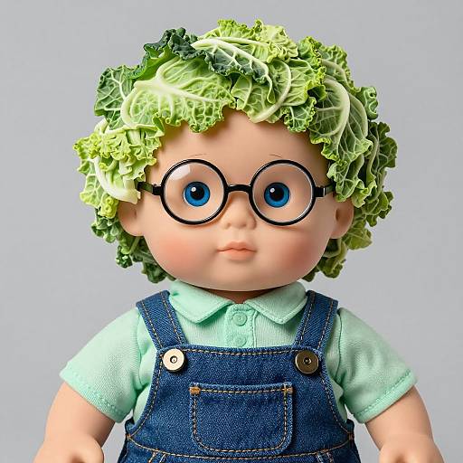 Photograph of a doll with green leaf hair, round black glasses, light green shirt, and blue denim overalls, against a plain light gray background