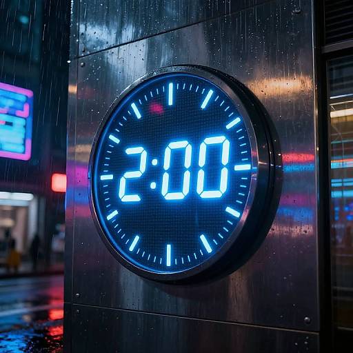 Photograph of a neon blue digital clock on a rain-soaked metallic surface, displaying 