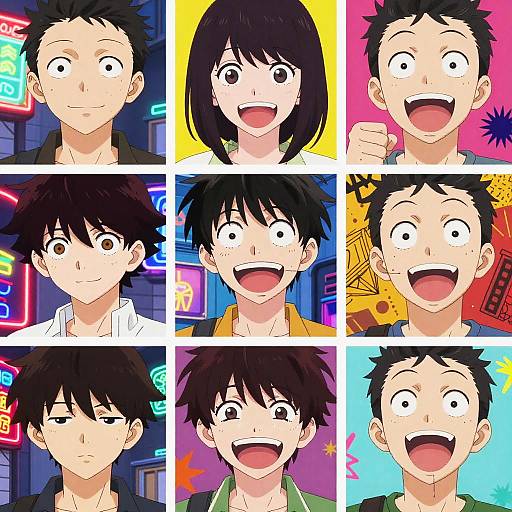 Digital anime-style collage of a young man with black hair, displaying various emotions: neutral, excited, surprised, determined, joyful, and laughing, against