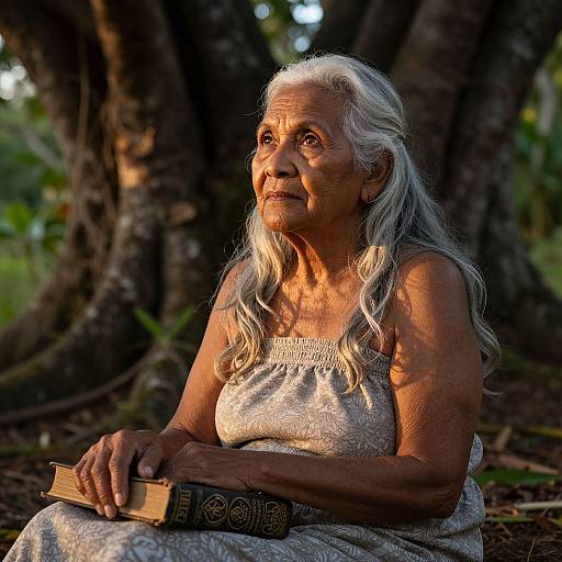 Photograph of an elderly woman with long, white hair, wearing a gray patterned dress, sitting under a tree, holding a book, with sunlight