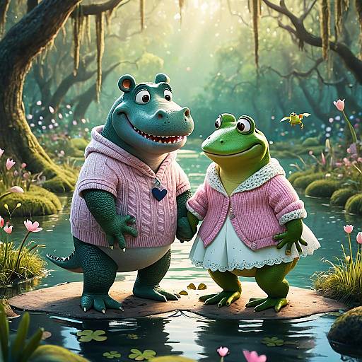 Romantic Hippo and Frog Couple in Enchanted Lagoon